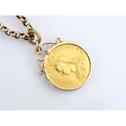 108 - A Victorian full sovereign, dated 1887, within a yellow metal pendant mount upon associated trace li... 