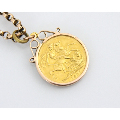 108 - A Victorian full sovereign, dated 1887, within a yellow metal pendant mount upon associated trace li... 