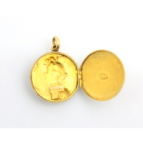 130 - A yellow metal pendant or locket, the circular locket with Art Nouveau style decoration and central ... 