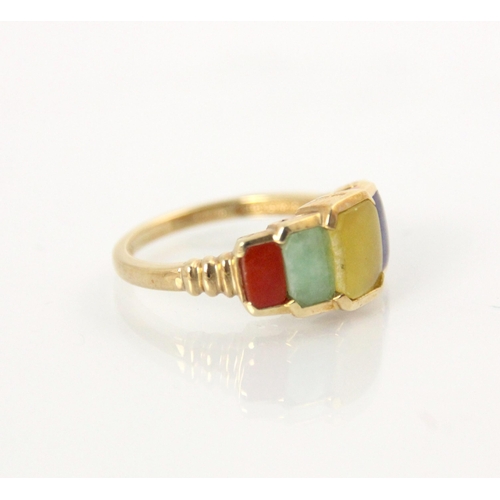 135 - A yellow metal multi coloured hardstone dress ring, the five stepped rectangular hardstones includin... 