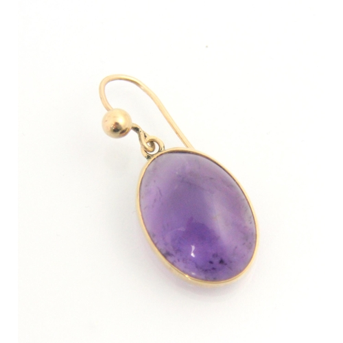 137 - A pair of amethyst earrings, the oval cabochons within yellow metal rob over mount, with shepherd ho... 