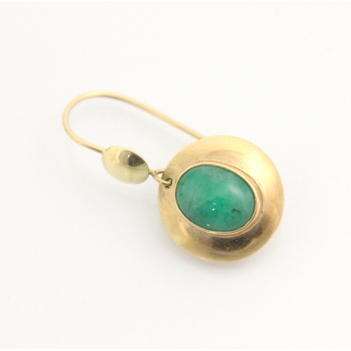 137A - A pair of yellow metal and untested emerald earrings, the circular discs with central oval cut caboc... 