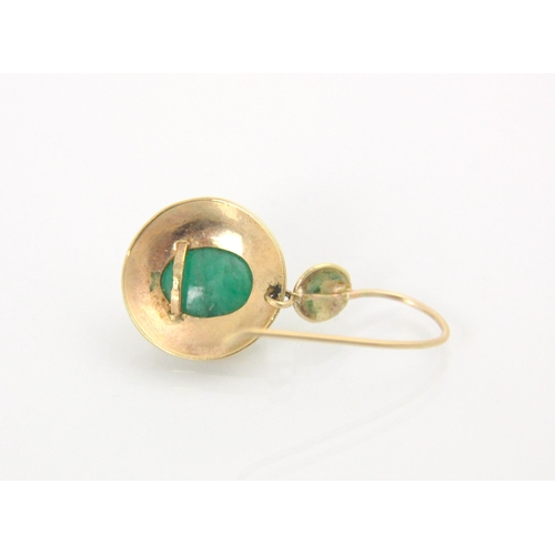 137A - A pair of yellow metal and untested emerald earrings, the circular discs with central oval cut caboc... 