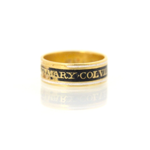 154 - A late 18th century enamel mourning ring, the white and black enamel band ring with lettering detail... 