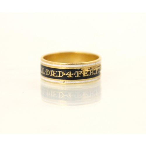 154 - A late 18th century enamel mourning ring, the white and black enamel band ring with lettering detail... 