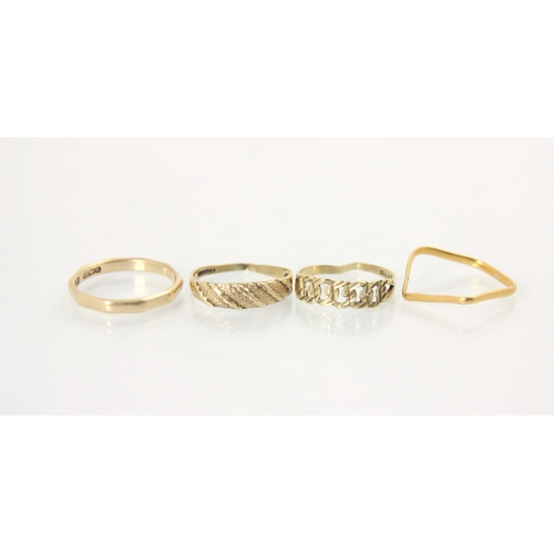 158 - A group of four rings, including a 9ct yellow gold wedding band, of decahedral form, stamped 'BM&Co'... 