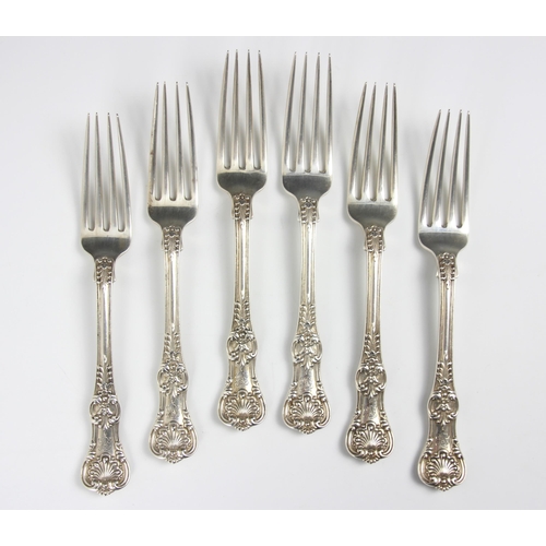 22 - A set of six Tiffany and Co sterling silver King pattern forks, of typical form with monogram to fro... 