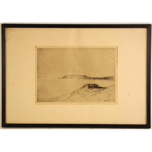 231 - English school (20th century),  
A coastal scene with distant yachts,  
Etching on paper,  
Indistin... 