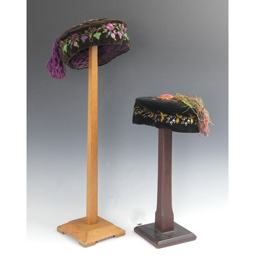 347 - Two mid-Victorian velvet smoking hats, circa 1850, each velvet hat with quilted lining and polychrom... 