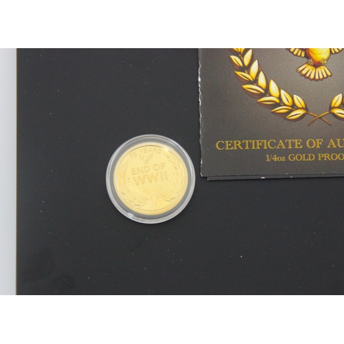 50 - A gold proof coin commemorating the 75th anniversary of the end of World War II, the coin within pro... 