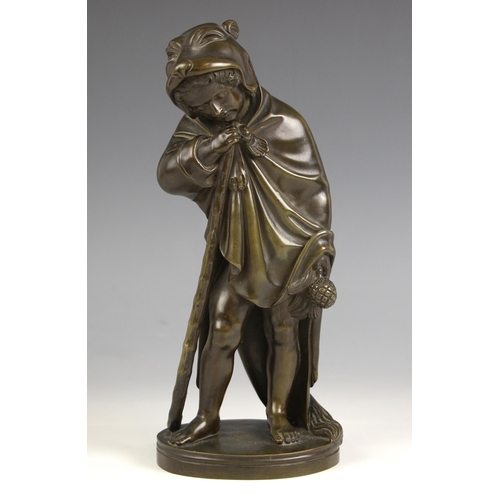 518 - A bronze of a cloaked figure, 19th century, modelled standing wearing an animal hide hooded cloak, w... 