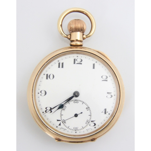 69 - A gold plated open faced pocket watch, the circular white enamel dial with Arabic numerals and subsi... 