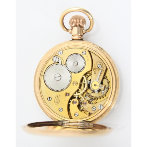 69 - A gold plated open faced pocket watch, the circular white enamel dial with Arabic numerals and subsi... 