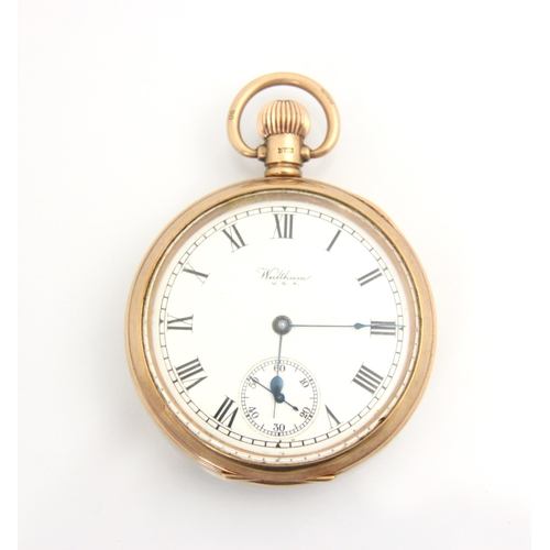 71 - A 9ct yellow gold Waltham 'Traveller' open faced pocket watch, the circular white enamel dial with R... 