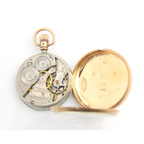 71 - A 9ct yellow gold Waltham 'Traveller' open faced pocket watch, the circular white enamel dial with R... 