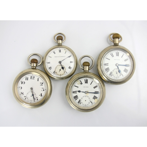 73 - A group of four railway pocket watches, including a Carley and Clemence example, indistinctly stampe... 