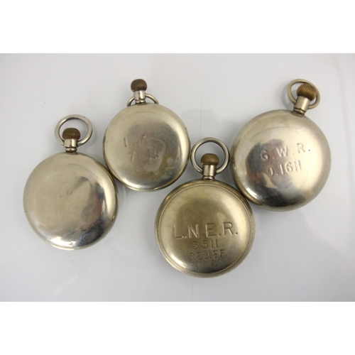 73 - A group of four railway pocket watches, including a Carley and Clemence example, indistinctly stampe... 
