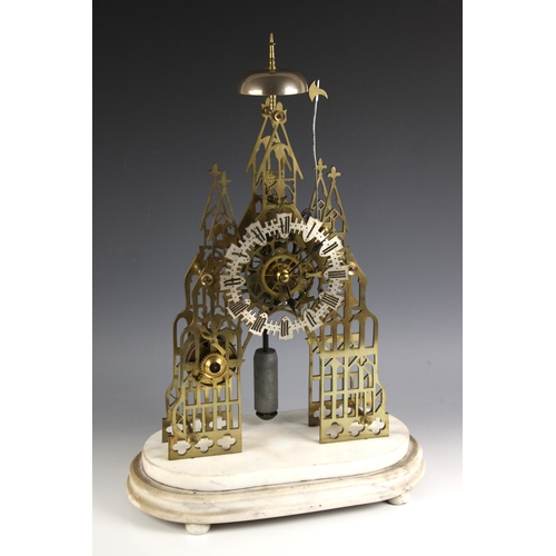 731 - A Victorian brass eight day fusee skeleton clock, of Gothic architectural form, with overhead saucer... 