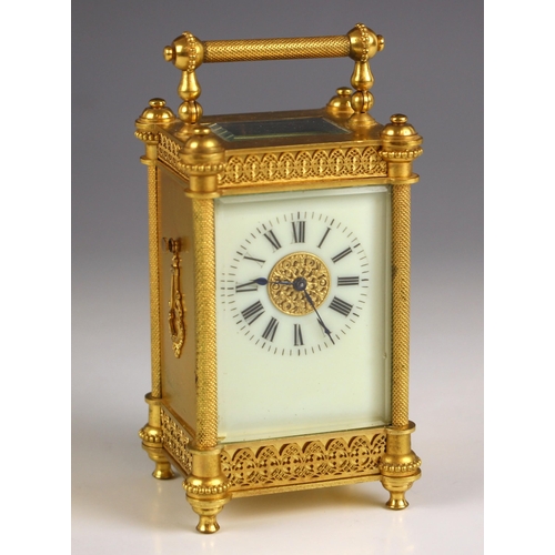 734 - A French brass cased eight day miniature carriage timepiece, stamped 'R & Co, made in Paris', early ... 