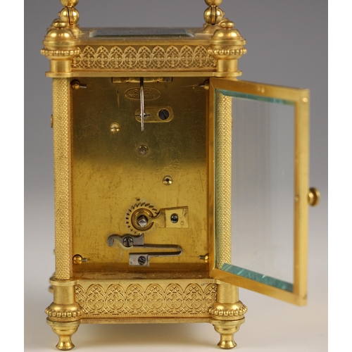 734 - A French brass cased eight day miniature carriage timepiece, stamped 'R & Co, made in Paris', early ... 