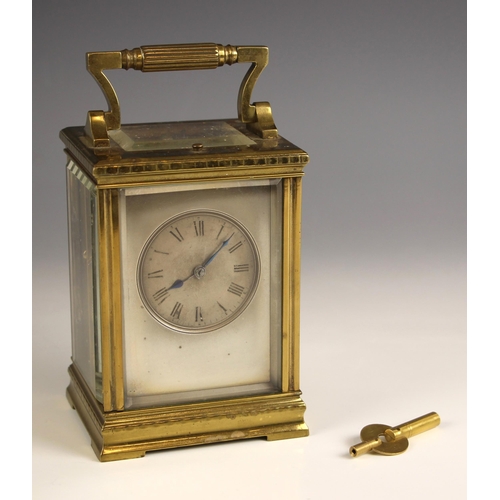 735 - A French brass cased eight day repeating carriage clock, by Guy, Lamaille and Co, circa. 1890, the 7... 