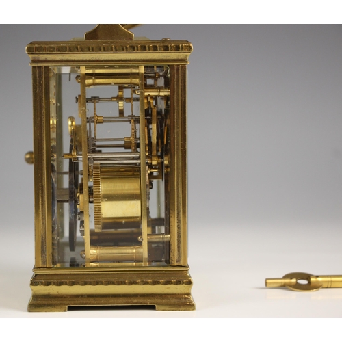 735 - A French brass cased eight day repeating carriage clock, by Guy, Lamaille and Co, circa. 1890, the 7... 