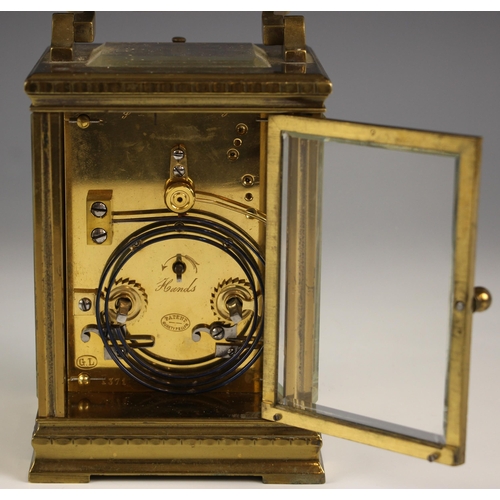 735 - A French brass cased eight day repeating carriage clock, by Guy, Lamaille and Co, circa. 1890, the 7... 