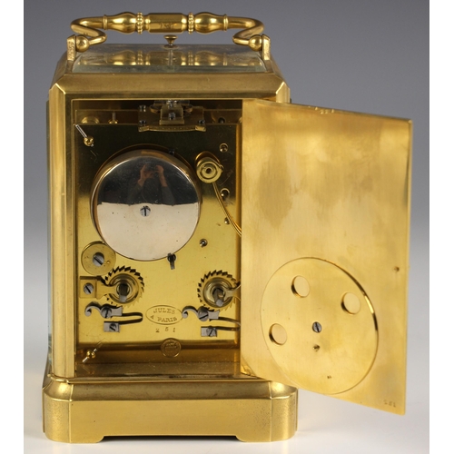 737 - A French brass cased eight day two train repeating carriage clock, by Jules of Paris, circa 1880, th... 