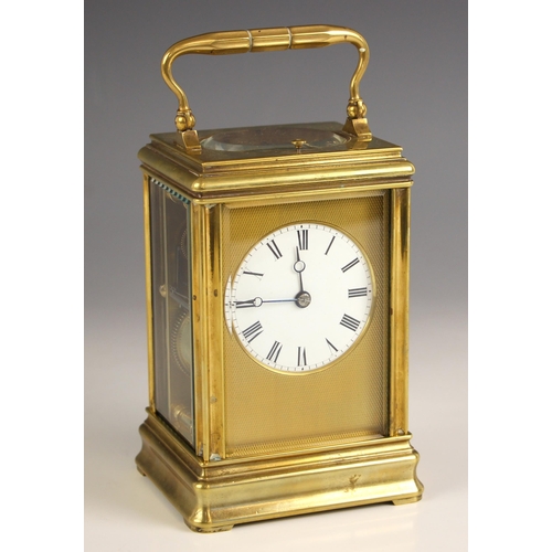 739 - A French brass cased eight day repeating carriage clock by Drocourt, Paris, circa 1890, the 6cm enam... 