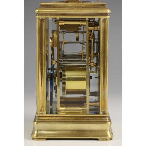 739 - A French brass cased eight day repeating carriage clock by Drocourt, Paris, circa 1890, the 6cm enam... 