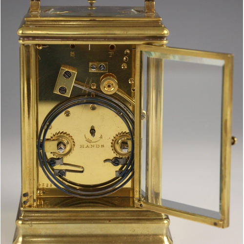 739 - A French brass cased eight day repeating carriage clock by Drocourt, Paris, circa 1890, the 6cm enam... 