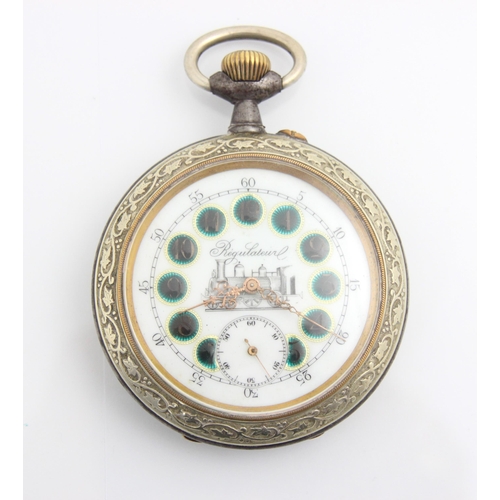 75 - A large Regulateur pocket watch, the white enamel dial with circular green Arabic numeral markers, o... 