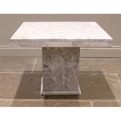 855 - A contemporary variegated white marble centre table, the square top upon a cubic pedestal and integr... 