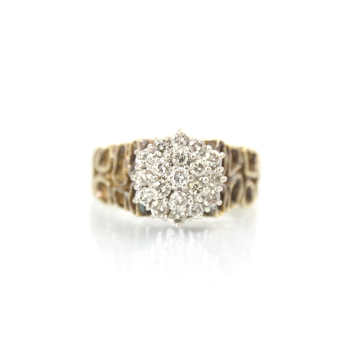 89 - An 18ct yellow gold diamond cluster ring, the raised diamond set cluster within claw set white metal... 