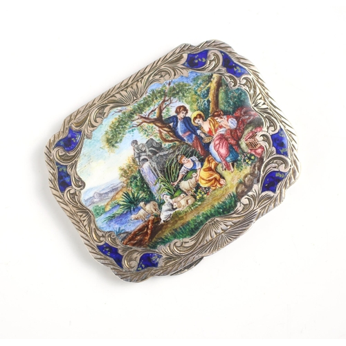 40 - A continental white metal and enamel box, the shaped hinged cover with enamel scene to centre depict... 