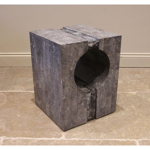 852A - A simulated marble lamp/occasional table, late 20th century, of cubic form, with cylindrical apertur... 