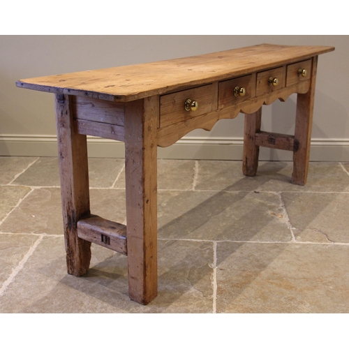 817 - A 19th century and later pine console table/hall table, the rectangular plank top over four frieze d... 