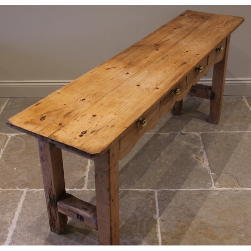 817 - A 19th century and later pine console table/hall table, the rectangular plank top over four frieze d... 