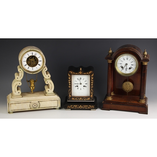 743 - A French campaign clock, 19th century, signed Thomas, Paris, the shaped case inlaid with boxwood fol... 