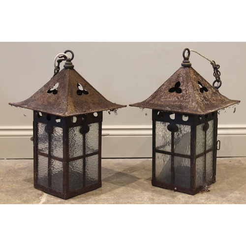 642 - A pair of glazed metal ceiling lanterns, late 19th or early 20th century, each with trefoil-pierced ... 