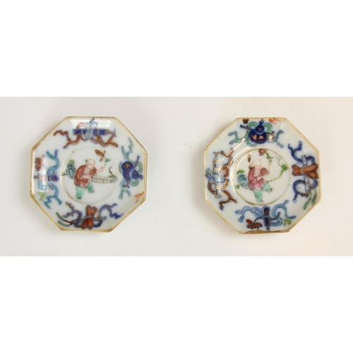 A pair of Chinese porcelain Doucai small saucer dishes, 18th century, each of octagonal form and dec