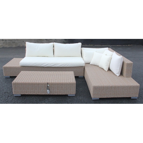 850 - An Oka Luccombe faux rattan conservatory/patio corner sofa, formed with two sofas each measures 63cm... 