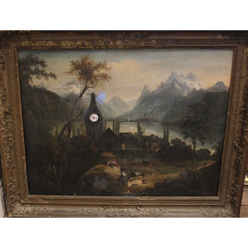 744 - A 19th century French musical picture clock, depicting figures and a lakeside village, oil on canvas... 