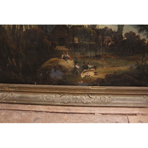 744 - A 19th century French musical picture clock, depicting figures and a lakeside village, oil on canvas... 