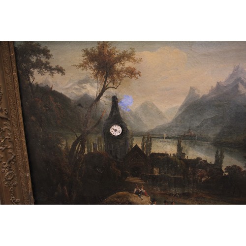 744 - A 19th century French musical picture clock, depicting figures and a lakeside village, oil on canvas... 