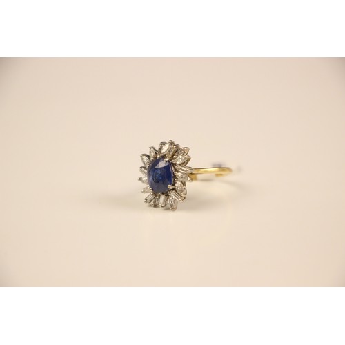 166 - A 1960's sapphire and diamond cluster ring, the central cushion cut sapphire within white metal claw... 