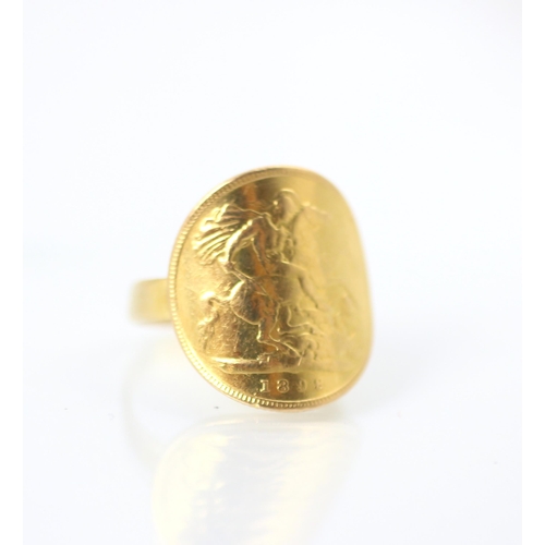 112 - A half sovereign mounted ring, dated 1898, mounted upon associated 18ct yellow gold shank, ring size... 