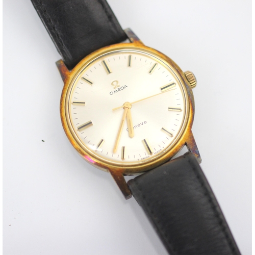 122 - An Omega Geneve gold plated wristwatch, the circular white dial with baton markers, set to a plain p... 