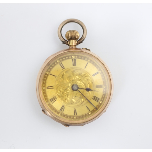 126 - A ladies yellow metal pocket watch, the gold coloured engraved dial with Roman numerals, set to a pl... 