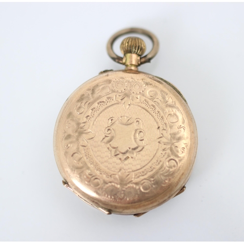 126 - A ladies yellow metal pocket watch, the gold coloured engraved dial with Roman numerals, set to a pl... 